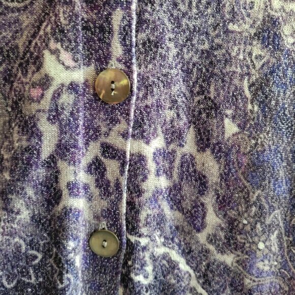 Chicos Cardigan Sweater Womens Purple Print Sparkly V Neck Long Cotton Blend - Picture 6 of 8